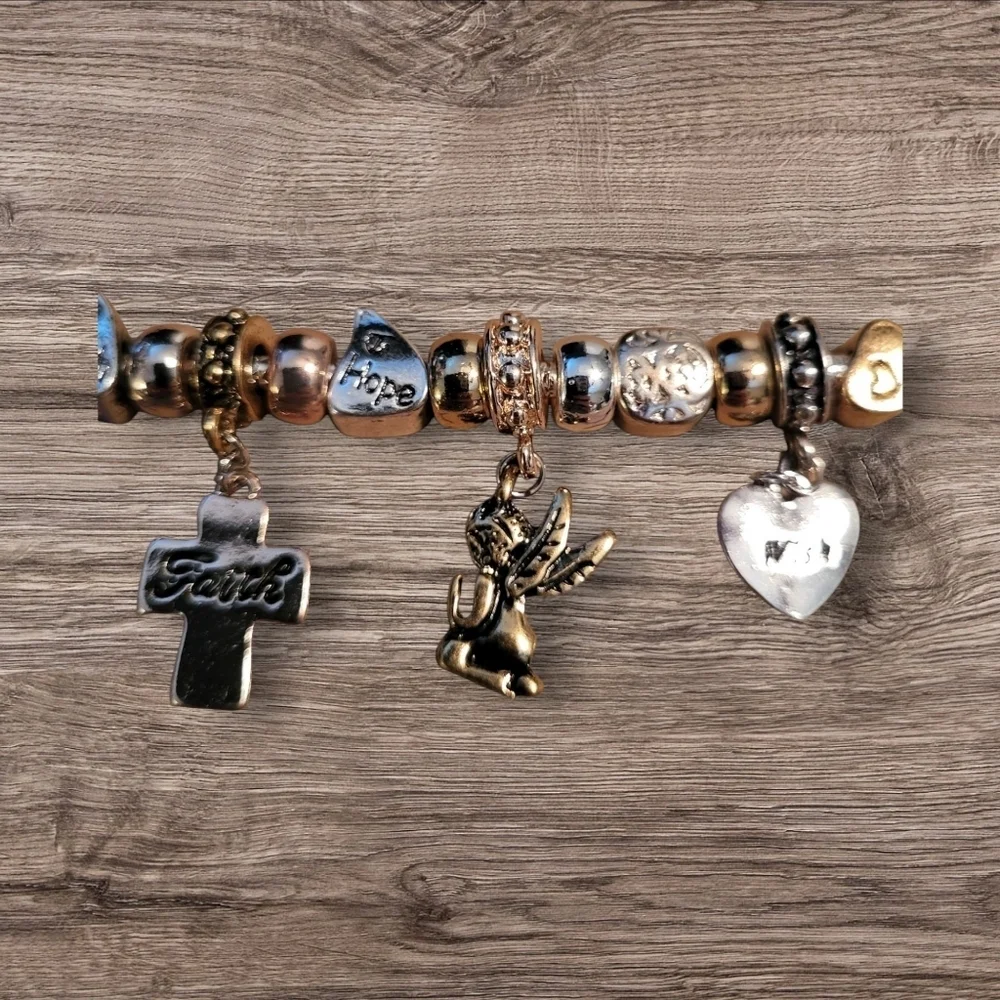Vintage Style Faith Charm Bracelet, Gold Tone, Mid-weight, Approx. 8